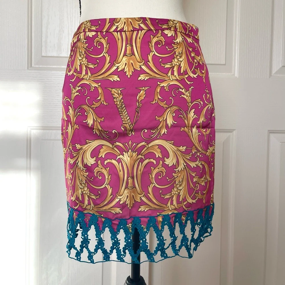 Versace Pink and Gold Baroque Mini Skirt with Blue Fringe - Picture 4 of 9